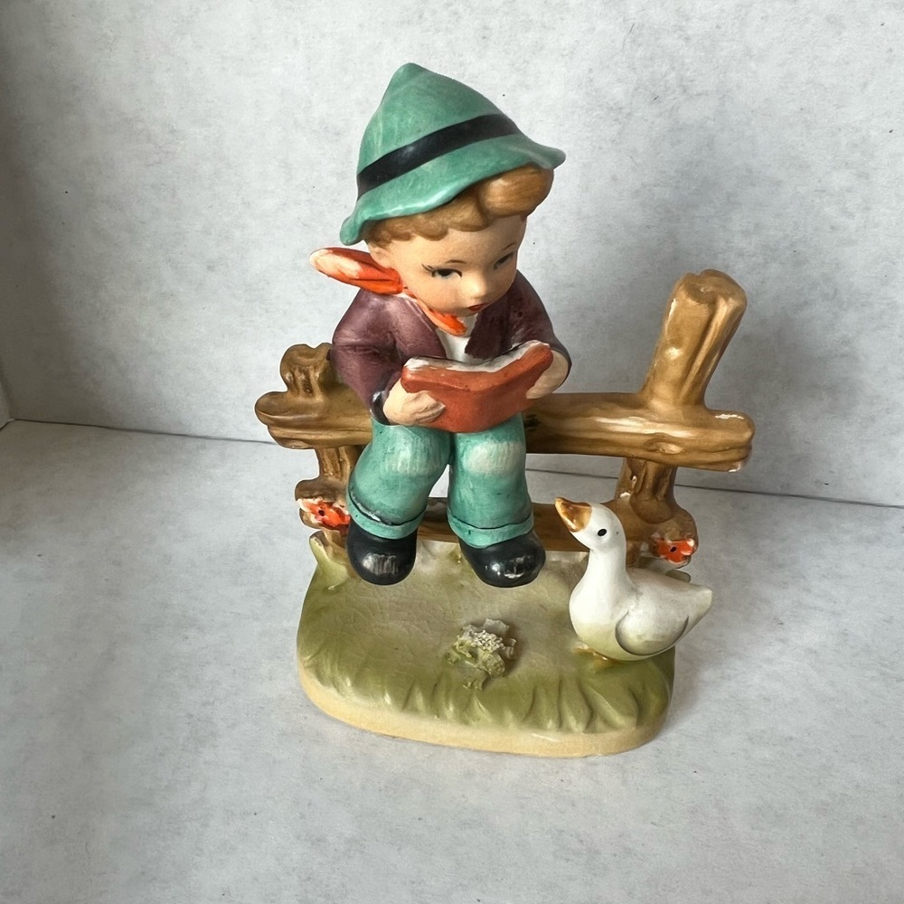 Vintage Wales Figurine Made in Japan Little Boy Reading on Fence with Goose